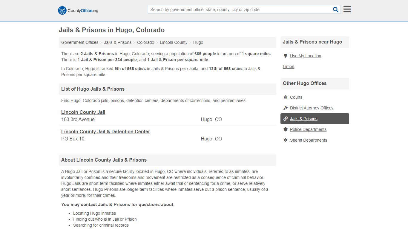 Jails & Prisons - Hugo, CO (Inmate Rosters & Records)